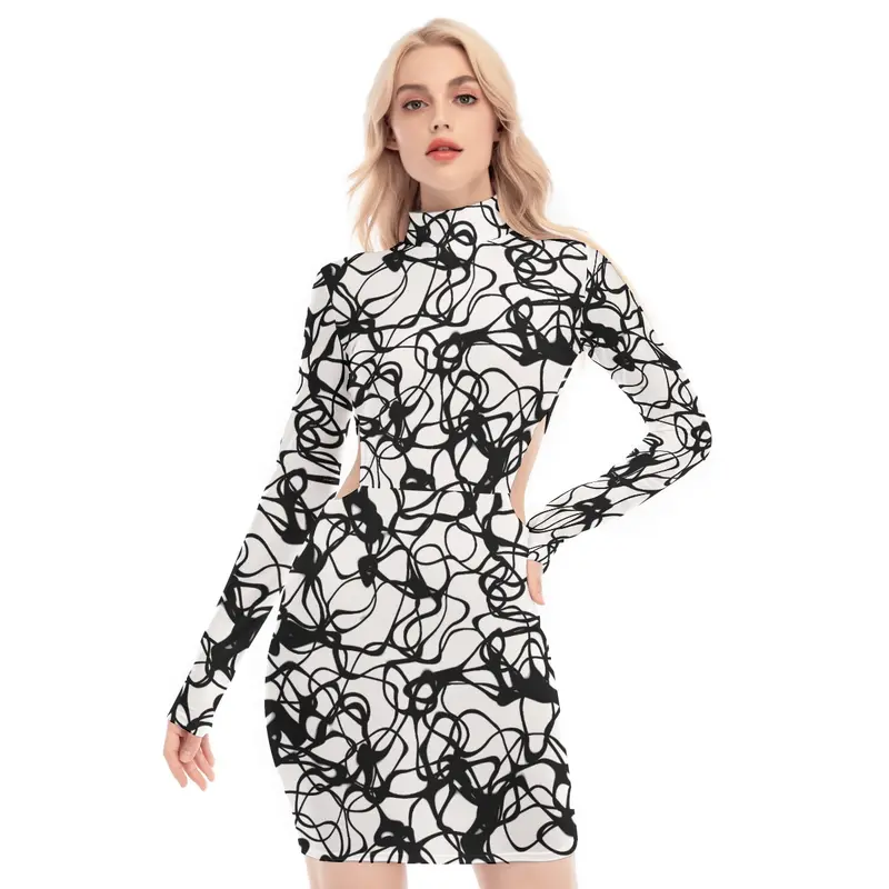 Abstract Scribble Mock-Neck Women's Waist Hollow Hip Dress - Black and White Scribble Print, Soft Stretch Fabric, Casual, Comfort Spring