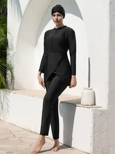 Women's Long Sleeve Swimwear Set, Plain Color Conservative Design, Middle Eastern Style Bikini Suit for Summer Beach Vacation
