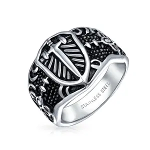 Men’s Viking Shield Fleur De Lis Cross Signet Ring Oxidized Stainless Steel Vintage Crystal Ring Stacking Ring Set
