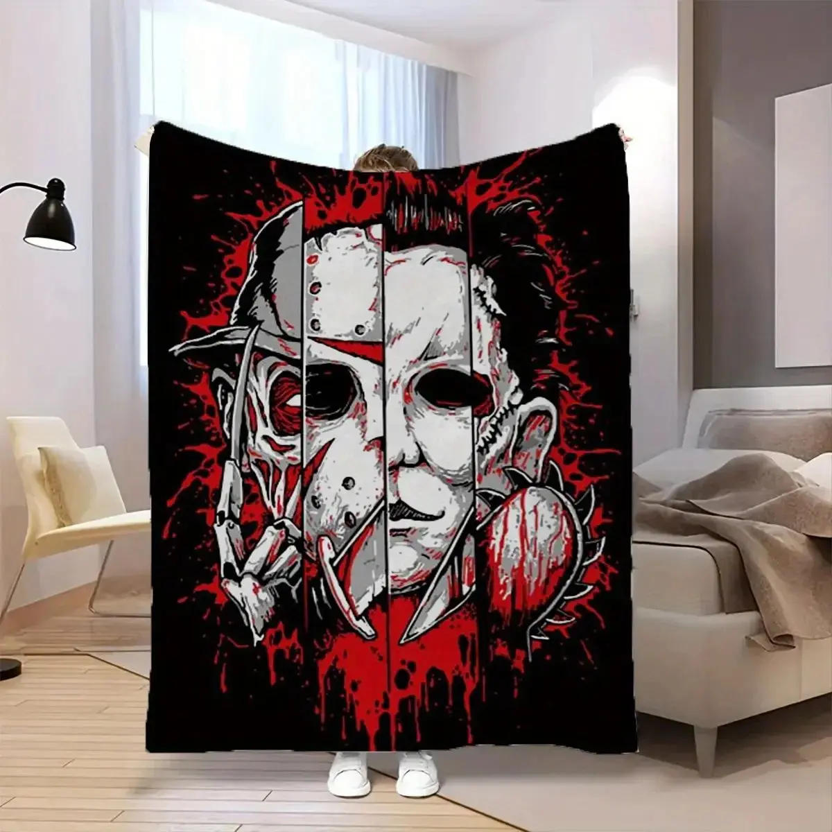 Classic Horror Villains Flannel Fleece Throw Blanket - Michael Myers, Jason, Freddy Themed Halloween Soft Warm Blanket for Couch, Bed