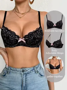 Sexy Lace Bra with Floral Bow, Breathable Adjustable Straps, Underwire Push-Up, Single Piece, Women's Lingerie