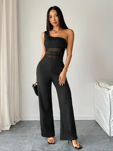 Elegant Solid Color One Shoulder Jumpsuit for Women, Mesh Splice Design, High Stretch, Breathable Fabric, All Season Versatile, Suitable for Casual and Formal Evening