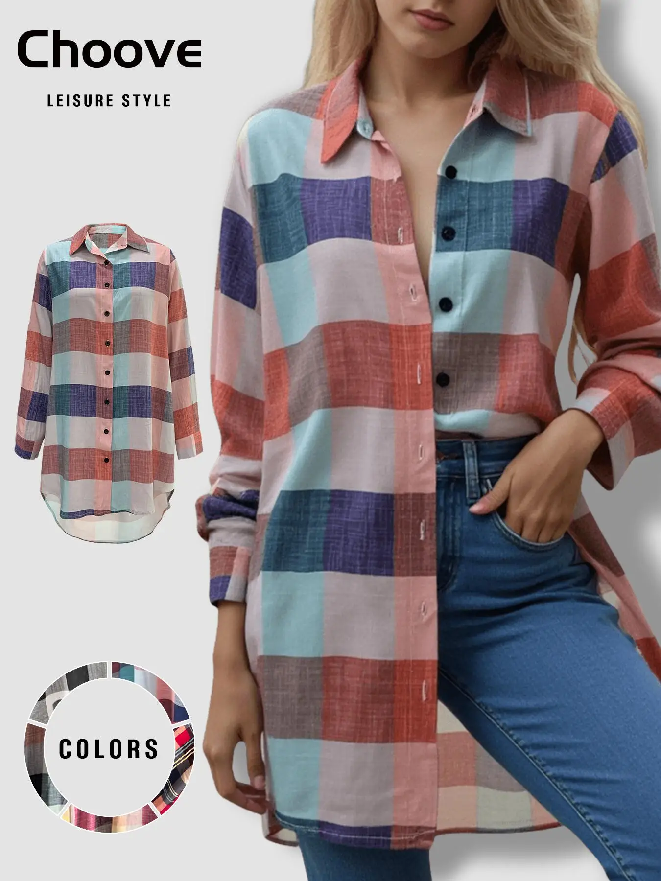 Women's Plaid Print Button Front Long Shirt, Casual Loose Collared Top for Spring & Fall, Women's Clothes for Daily Wear, Fall Clothes, Summer Clothes