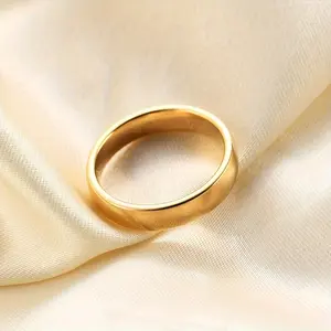 Fine Jewelry Golden Plated Plated Ring Suitable for Women & Men - 4mm Stainless Steel Band, 18K Golden Plated Plating Ring with Synthetic, Valentine's Day Gift