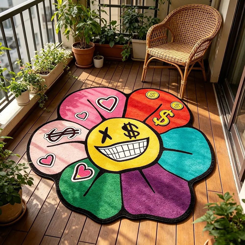 Trendy Multicolor Smile Money Sunflower Rug, Soft Foldable Non-Slip Carpet, Ideal for Living Room Bedroom Sofa, Home Decor Rugs, Decorative Rug