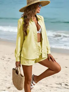 Light Yellow Stripe Shirt & Drawstring Short Cover-Up Co-ord Set, Sleeves