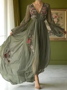 Boho Floral Maxi Dress for Women,V-Neck Long Sleeve High Waist Chiffon Gown,Summer Formal Prom Wear,Wedding Guest Outfit,Party Fairy dresses
