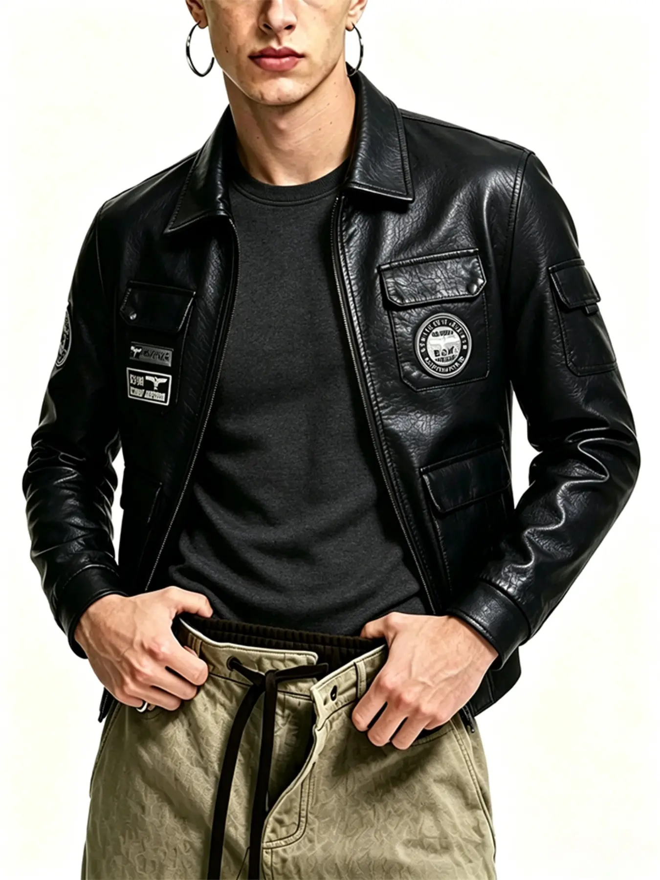 Solid Color Lapel PU Leather Jacket, Retro Motorcycle Style, Long Sleeve Casual Outerwear, Trendy Street Fashion, All-Season Versatile Coat