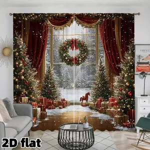2D Flat 2Pcs Festive Christmas Window Scene Curtains Red Holiday Theme Semi Sunshade Rod Pocket Design Premium Polyester Fabric Winter Snow Print Suitable for Living Room Bedroom Treatment Decoration Gifts Anti Privacy Home Decoration Curtain