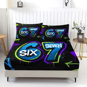 3Pcs Graffiti 67 Style Fitted Sheet Set, Teen Bedroom and Dorm Gamer Bedding Set, Includes Pillowcases( No Fillers),  Deep Pocket Soft Microfiber, Bold Urban Printed Pattern Decoration