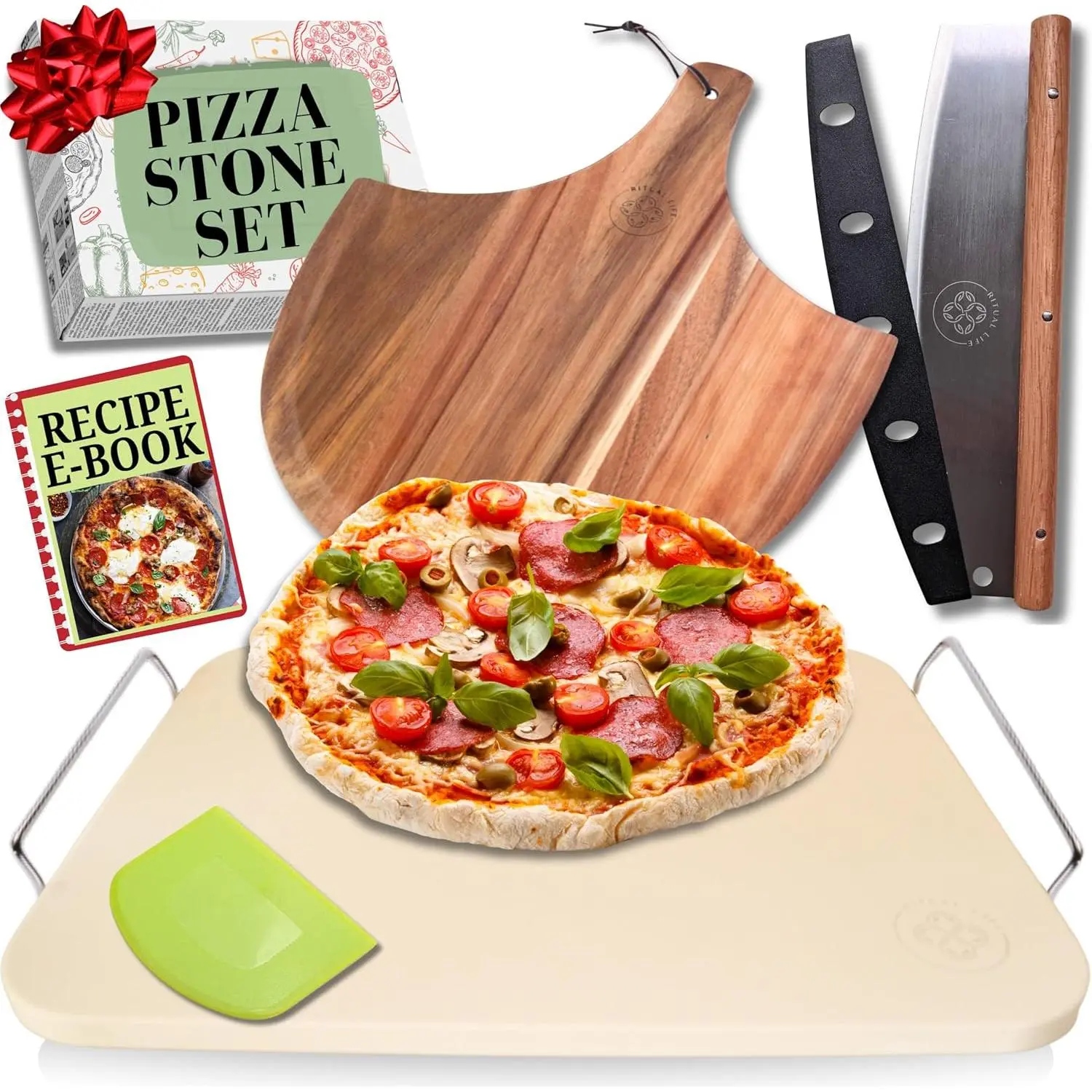 Pizza Stone for Oven and Grill Set - 5 count Pizza Making Accessories Kit - 15 inch Pizza Stone with Handles, Pizza Peel, Pizza , Dough Tool - Baking Stone for Bread - Large Rectangular Oven Stones