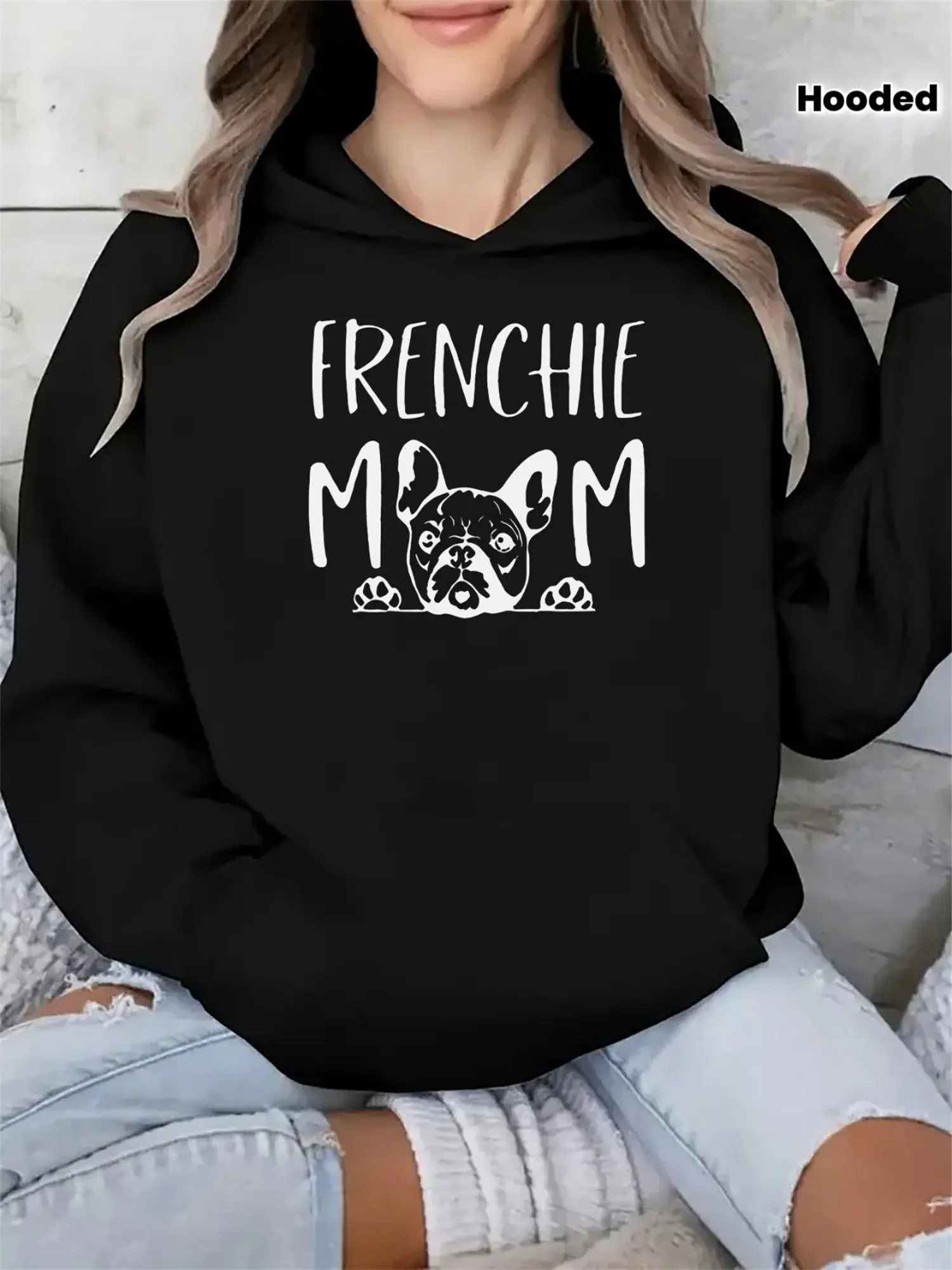 Women'S French Bulldog Graphic Hoodie - Y2K Style Black Sweatshirt with White Frenchie Mom & Dog Face Print, Cozy All-Season Comfort, Slight Stretch Fabric, Front Pocket, Casual Pullover for Dog Lovers, Regular Fit Hooded Sweatshirt
