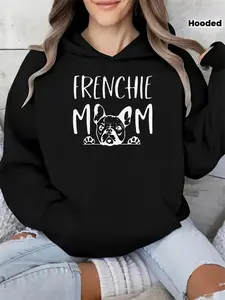 Women'S French Bulldog Graphic Hoodie - Y2K Style Black Sweatshirt with White Frenchie Mom & Dog Face Print, Cozy All-Season Comfort, Slight Stretch Fabric, Front Pocket, Casual Pullover for Dog Lovers, Regular Fit Hooded Sweatshirt