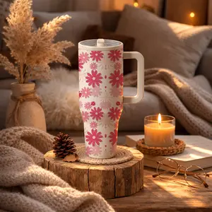 mikenda Pink Daisy Flower 40oz Tumbler with Handle & Straw, Cute Floral Insulated Cup Flasks for Women, Mother's Day Gift.