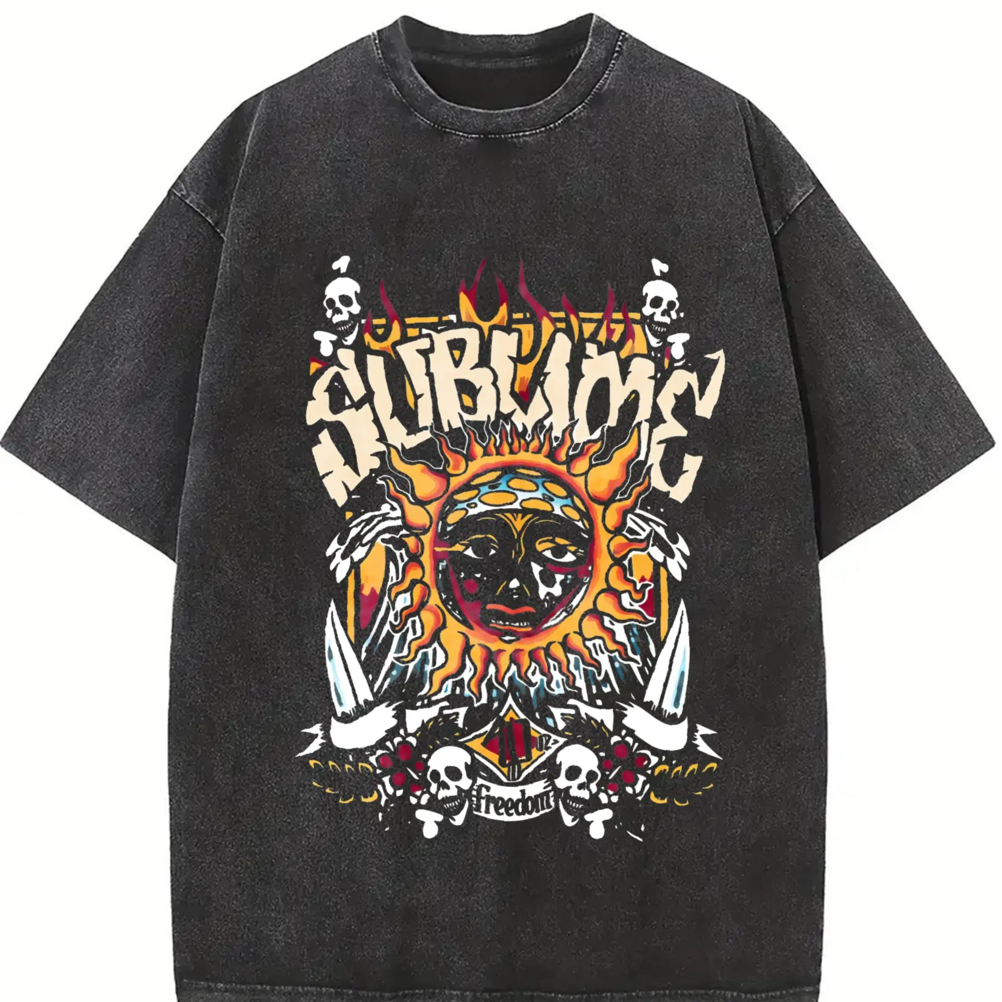 Oversized Vintage Acid Wash T-Shirt with Sun Graphic, Unisex Heavyweight Cotton Loose Fit Crew Neck Streetwear Top, Menswear, Casual, Round Neck, Cold Wash, Clothes, Hand Wash Only