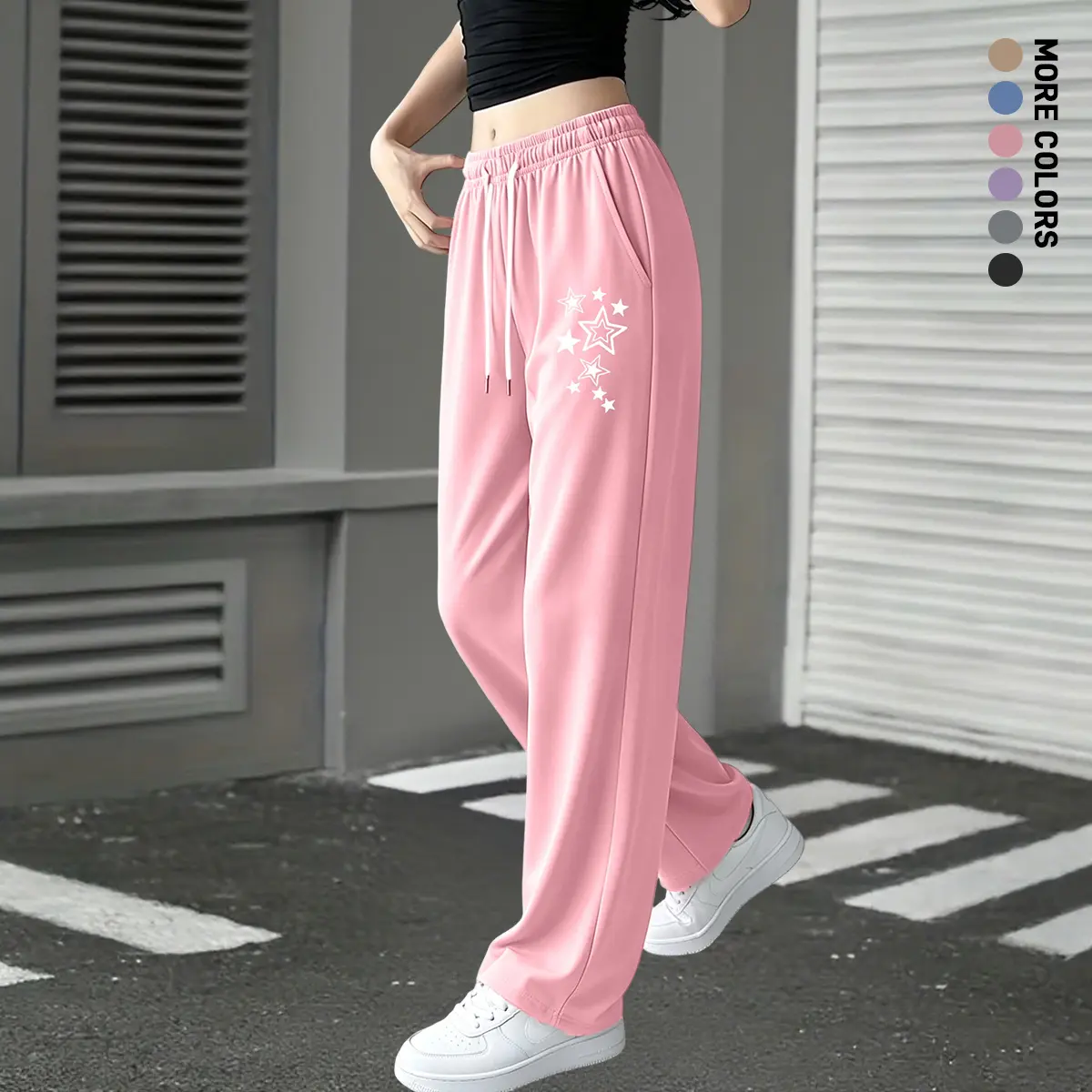 Women’s solid-color straight-leg athletic pants with adjustable waistband — casual outdoor sports pants suitable for leisure activities and everyday home wear; women’s clothing