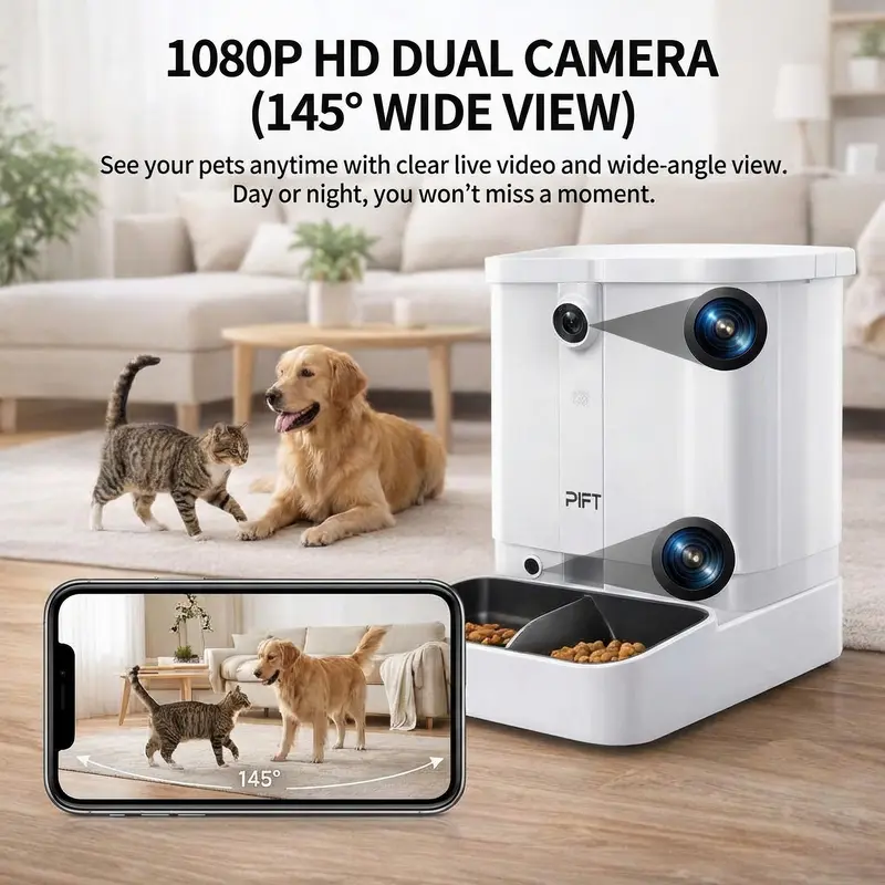 Automatic Cat Feeder Dog Feeder with 6L Dual Hopper, AI Recognition for Up to 3 Pets, 5/2.4 GHz WiFi App Control, 1080p Dual Cameras, Night Vision, 2-Way Audio, Dog Cat Feeding Supply
