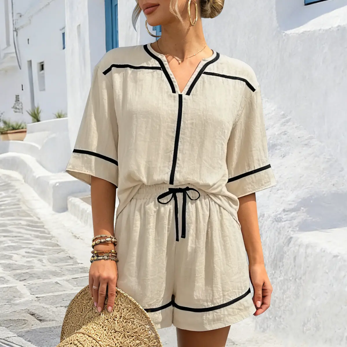 ETCYY Women's 2-Piece Casual Fashion Set - Linen Blend Short Sleeve V-Neck Shirt & High-Waisted Shorts, Breathable Soft Clothes for Women, Vacation Beachwear Tracksuit,sohochic