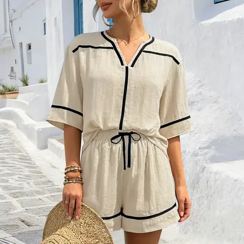 ETCYY Women's Stylish 2-Piece Casual Fashion Set - Linen Blend Cool-Touch Short Sleeve V-Neck Shirt & High-Waisted Shorts, Breathable Soft Outfit Sets for Beach Vacation Wear, 2 Piece Sets