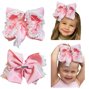 JoyBowie New Year clearance sale: 8-inch double-layer pink bow with pearl strands and alligator clip, perfect for baby girls' silk hair accessories. headbands
