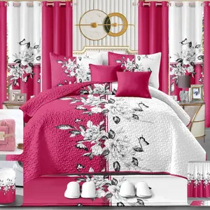 Luxury 24-Pc Bed Sheet Set in Red Floral Design - Includes Bedspread, Pillowcases, Curtains & More