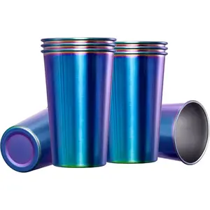 8 Pack 16oz Stainless Steel Pint Cup, Unbreakable and Stackable,Metal Drinking GlassesBeer GlassesRainbow