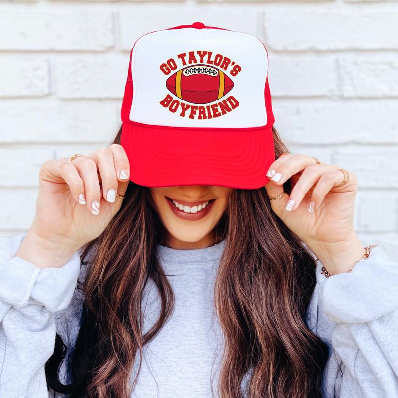 Go Taylor's Boyfriend Football Season Trucker Hat - Kansas Football Red and Gold Cap - Funny Travis Fan Snapback for Women and Teens