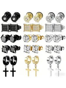 Men's Stud Earring Set, 6 Pairs Stainless Steel Shining Earrings with CZ, Cross, Square & Geometric Designs, Black, Gold & Silver Tone Punk Jewelry, Men Accessories