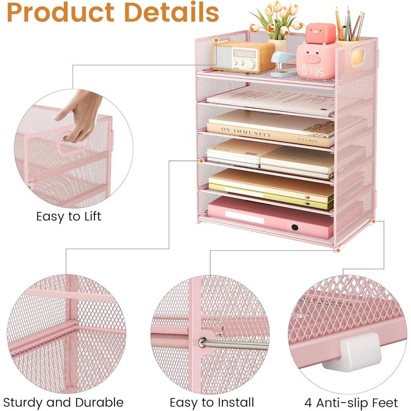 6 Tier Office File Paper Desk Tray Organizer with Handle, Stackable Slide Mesh Letter Tray Folder Pink Desk Organizer, Desktop Document Sorter for Classroom, Office, Home Supplies Storage
