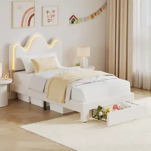 Elegant Princess Platform Bed for Girls, Upholstered Flower Headboard LED Bed Frame with Practical Storage Drawers, Reinforced Solid Wood Slat Support, Stylish Kids Bedroom Furniture with Easy Assembly No Box Spring Needed