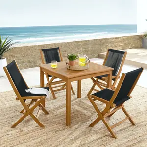 Vienna 5-Piece Outdoor Patio Teak Wood Dining Set with Rope Folding Chairs in Natural Black