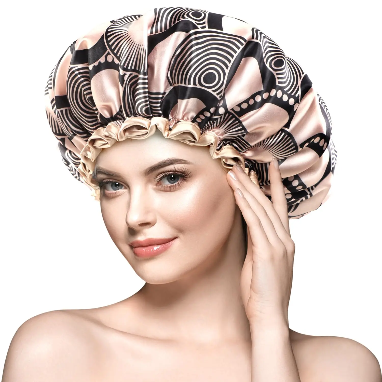 Large Shower Cap for Women Long Hair, Champagne Shower Caps with Lace, Double Layer , , Washable, High-quality
