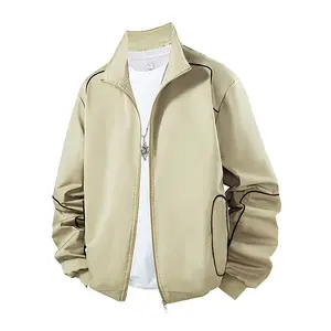Men's Khaki Zip-Up Jacket with Pockets and Contrast Stitching for Casual Wear Utility Fashion Menswear Coats