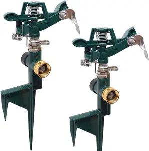 2 Pack Impact Sprinkler  on Metal Step Spike, Heavy Duty Zinc Alloy Lawn Sprinkler, Adjustable Coverage Nozzle on Sturdy Spike Base, 360  Large Area Irrigation, Green