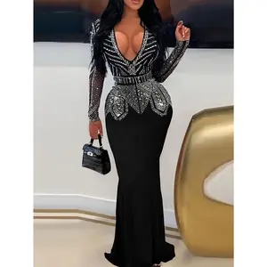 [Sexy Rhinestone Dress] Sexy Rhinestone PORRCEY Women's Long Sleeve Night Club Dress Party Clubwear Evening Dress