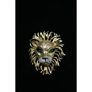 Large 3D LION Head Cat Green Eyes Rhinestone Brooch Pin And Pendant In Gold-tone