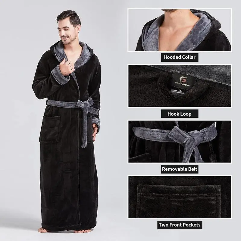 Mens Robes Big and Tall with Hood Two-Tone Flannel Fleece Contrast Bathrobe Full Length Plush Long Robe House Coat(Top Sets) Mens Robes Big and Tall with Hood Two-Tone Flannel Fleece Contrast Bathrobe Full Length Plush Long Robe House Coat(Top Sets)