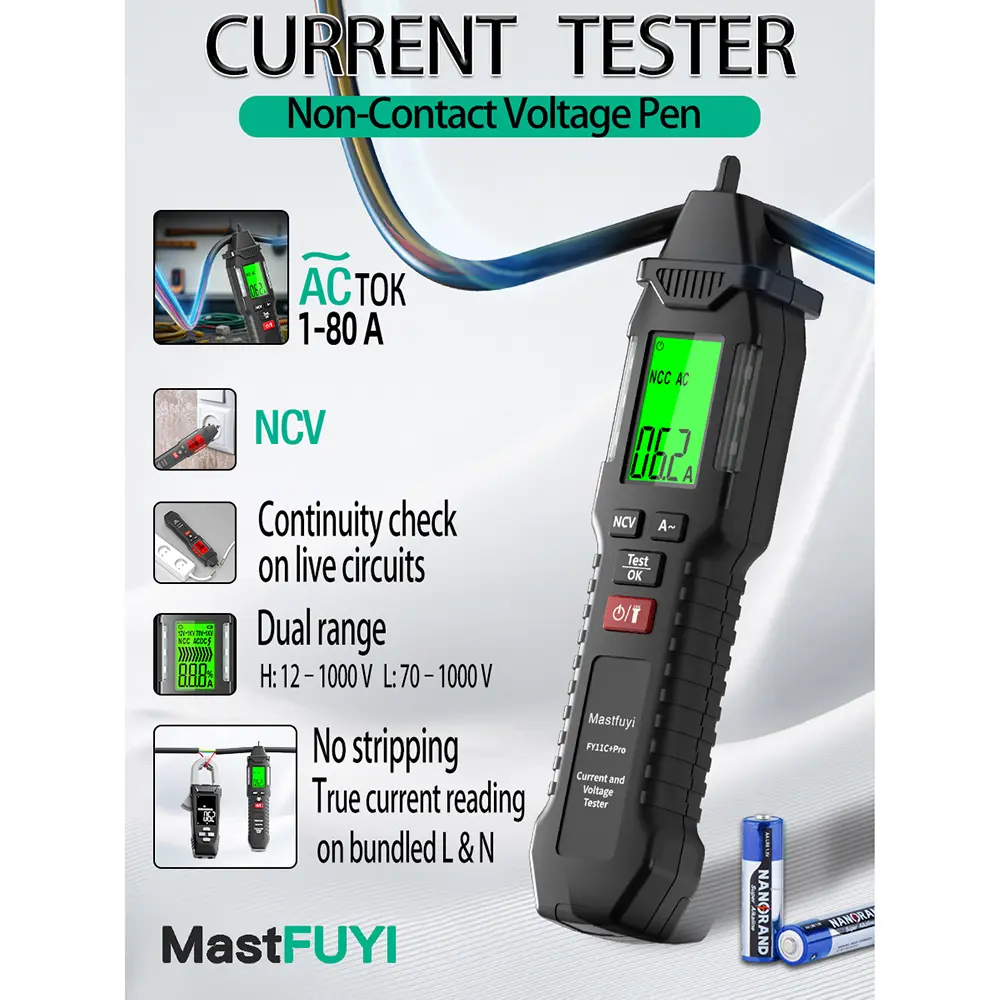Mastfuyi 2-in-1 AC Current Voltage Tester Circuit Detector Tool - No Wire Stripping Needed, 1-80A Whole Cable AC Current Measurement, 12-1000V Dual-Sensitivity Non-Contact Voltage Check Tool, Continuity Tester, Live Wire Identifier for Electricians