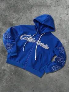 Klein Blue Rhinestone Hoodie Jacket, Short Fashion Design, Drawstring Feature, Unisex Autumn Winter, Stylish Casual Wear