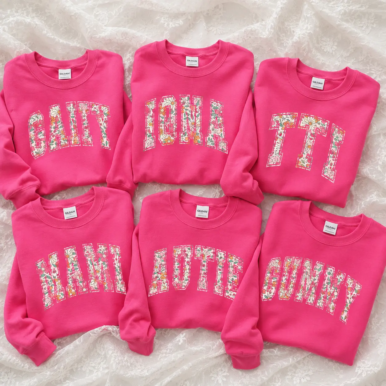 Women's Gildan Hot Pink Personalized Birth Month Crewneck Sweatshirt, Custom Month Name Floral Varsity Letter Pullover, Gift for Women, Tiffany Graphic Tee