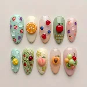 Handmade 3D Fruit Press On Nails, Summer Orchard Nail Set, Dew Drop & Berry Accents, Nails For Fresh Sweet Vibes