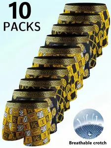 10-piece set of black gold ribbon luxury style men's square underwear, skin friendly, breathable and comfortable square underwear, elastic sports shorts, men's casual daily basic underwear, a good gift for him