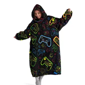 Hooded Blanket, Wearable Blanket, Soft Warm Blanket, Women's Fleece-Lined Bathrobe, Pajamas, Nightgown, Thickened Homewear with Gaming Controller Print, Winter Loungewear for Home, Perfect as Gifts for Christmas or Valentine's Day