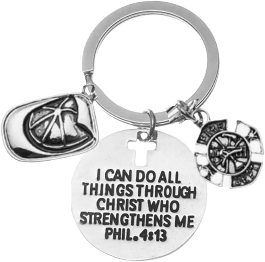 Firefighter Keychain – I Can Do All Things Through Christ Philippians 4:13 Scripture Charm with Helmet and Fire Dept Symbol – Christian Gift for Firemen, Hero Protector Key Ring