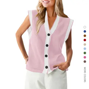 Danedvi Women's V-Neck Button-Down Cap-Sleeve Colorblock Loose Knit Sweater Vest, Casual Summer Tank Top in Pink