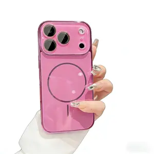 AG New iP17 Pro Max/Air Ice Crystal Phone Case 16/15/14/13/12 Mirror Glass Thin Ring Magnetic Simple High-End Electroplated Frame Anti-Drop Shockproof Smartphone Protective Cover