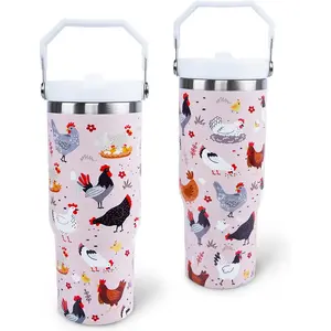 30 oz Tumbler with Handle Flip Straw Leak Proof - Chicken and Rooster Design 30oz Tumbler Travel Coffee Mug with Handle - Birthday Gifts for Women Chicken Lovers 30 Ounce Stainless Steel Cup