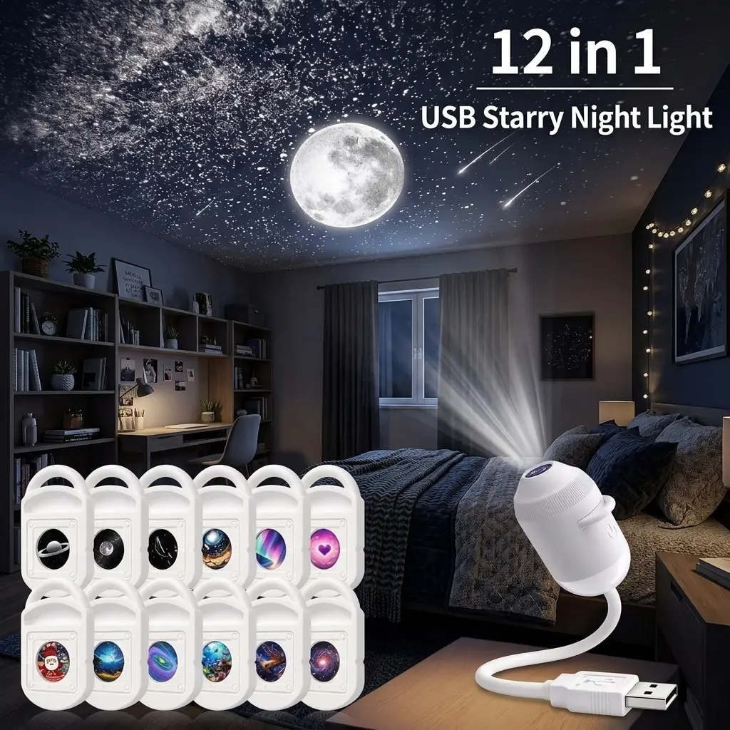 12-in-1 Galaxy Projector Night Light, USB Interface, Dual-Mode Starry Sky Projection/Warm Light Night