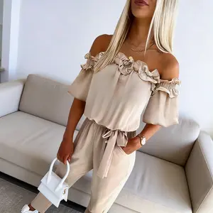 Women's Off Shoulder Frill Hem Tied Detail Jumpsuit - Chic Casual Summer Fitted Short Sleeve Above Ankle Plain 100% Polyester Polyester Womenswear Adjustable Adjustable Adjustable Feminine Feminine Rompers Pockets winnie the pooh outfits lace flare pants