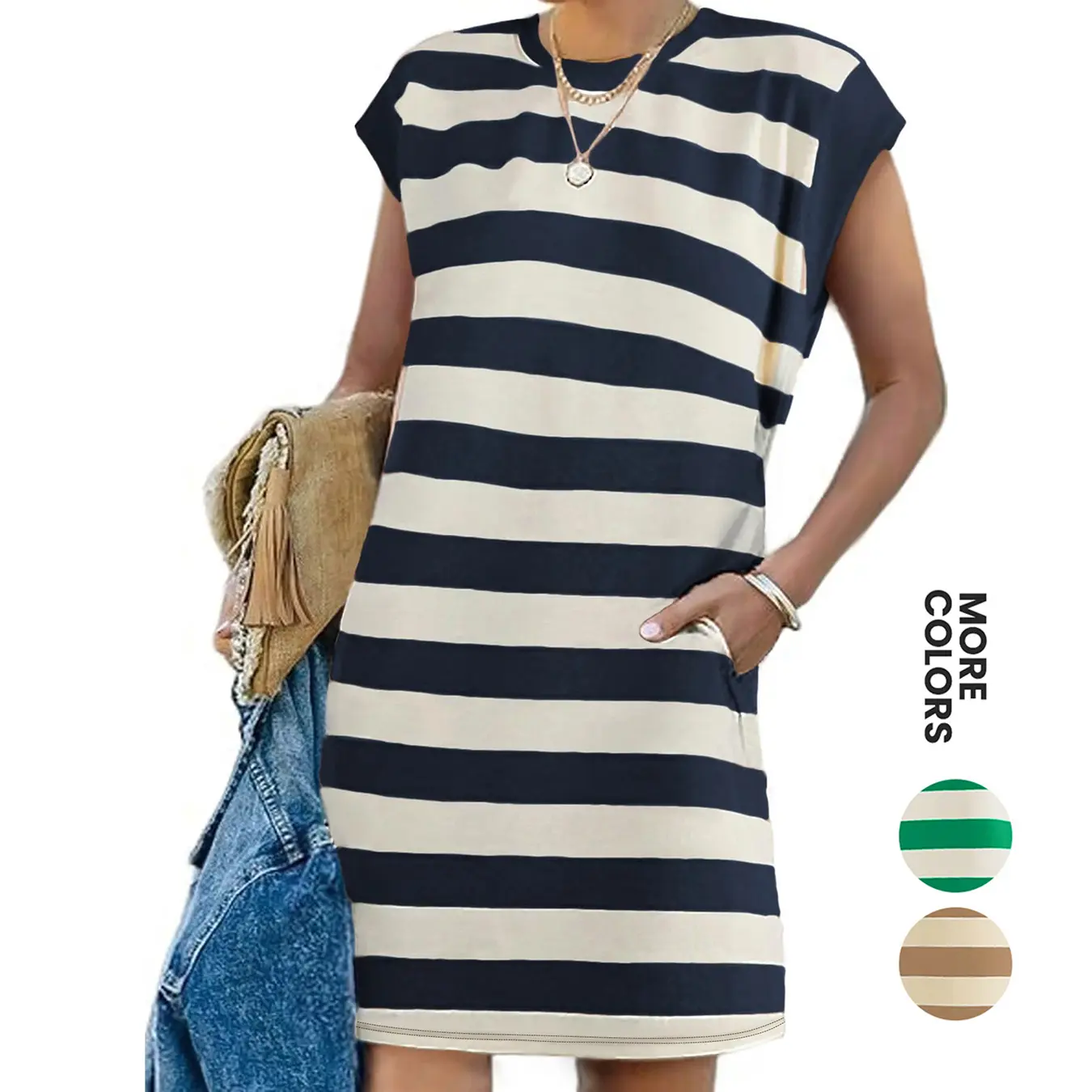 Aswulk Womens Striped Summer Dresses Crewneck Cap Sleeve Color Block Casual A Line Tshirt Dress with Pockets